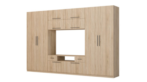Sekcija SCANDI ar lieliem skapjiem, plauktiem, televizoru un atvilktnēm 350 × 227 cm Sonoma Jasna