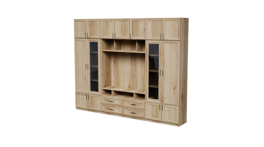 Sekcija VERO ar stikla vitrīnām 303 × 240 cm, Grand Natural koks