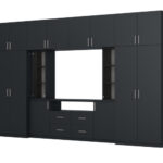 Sekcija NESTO ar ietilpīgiem skapjiem un TV skapi, 380 × 240 cm, tumši zils