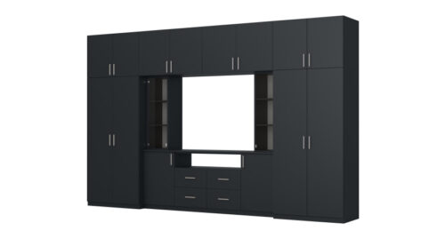 Sekcija NESTO ar ietilpīgiem skapjiem un TV skapi, 380 × 240 cm, tumši zils