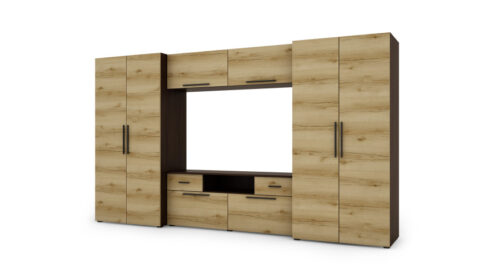 Sekcija ZEUS ar ietilpīgiem skapjiem, televizoru un pagarinājumiem 330 × 189 cm Sonoma Dark / Grand Oak