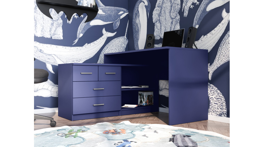 Moderns stūra rakstāmgalds ar atvilktnēm un plauktiem 120 × 120 cm Kobalt – NOA — 2 attēls