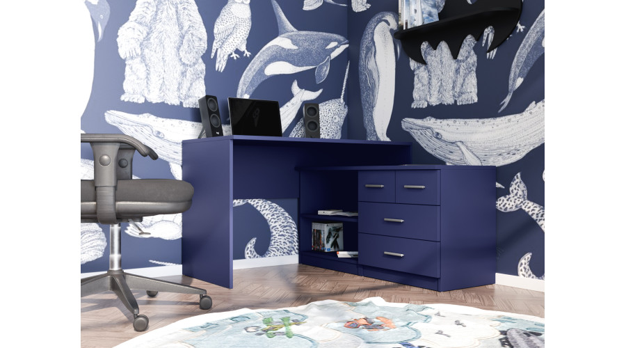 Moderns stūra rakstāmgalds ar atvilktnēm un plauktiem 120 × 120 cm Kobalt – NOA — 3 attēls