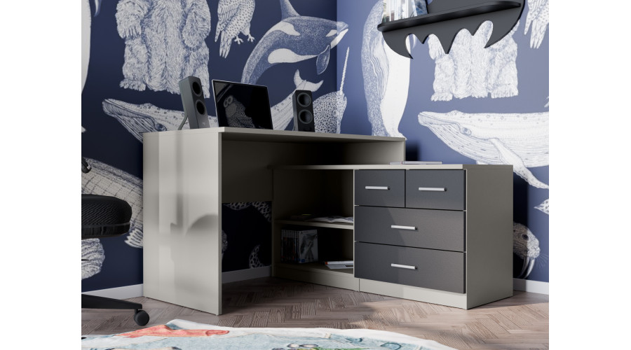 Moderns stūra rakstāmgalds ar atvilktnēm un plauktiem, 120 × 120 cm, zary / Black Onyx – NOA — 2 attēls