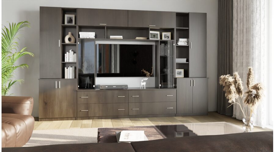 Sekcija MODENA ar atvērtiem plauktiem, atvilktnēm un skapīšiem, 340 × 220 cm, Dąb Carpenter Coffee — 2 attēls
