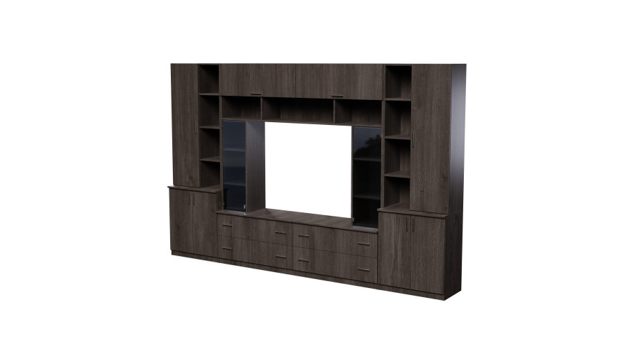 Sekcija MODENA ar atvērtiem plauktiem, atvilkt un skapīšiem, 340 × 220 cm, Dąb Carpenter Coffee