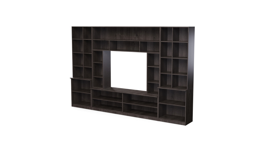 Sekcija MODENA ar atvērtiem plauktiem, atvilktnēm un skapīšiem, 340 × 220 cm, Dąb Carpenter Coffee — 3 attēls