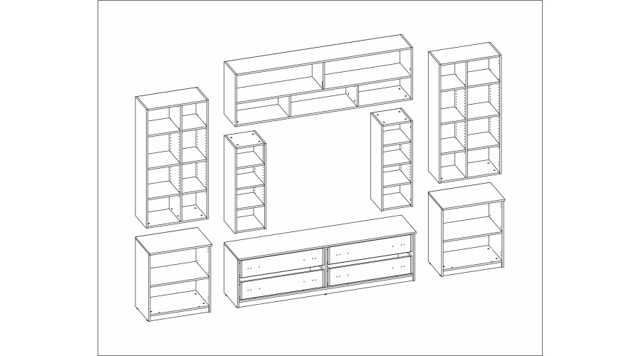 Sekcija MODENA ar atvērtiem plauktiem, atvilktnēm un skapīšiem, 340 × 220 cm, Dąb Carpenter Coffee — 6 attēls
