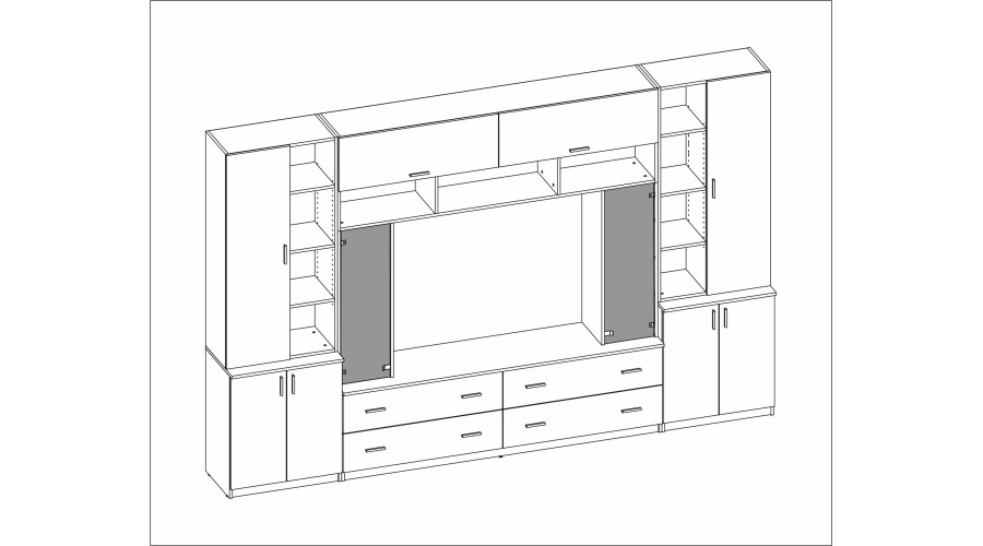 Sekcija MODENA ar atvērtiem plauktiem, atvilktnēm un skapīšiem, 340 × 220 cm, Dąb Carpenter Coffee — 7 attēls