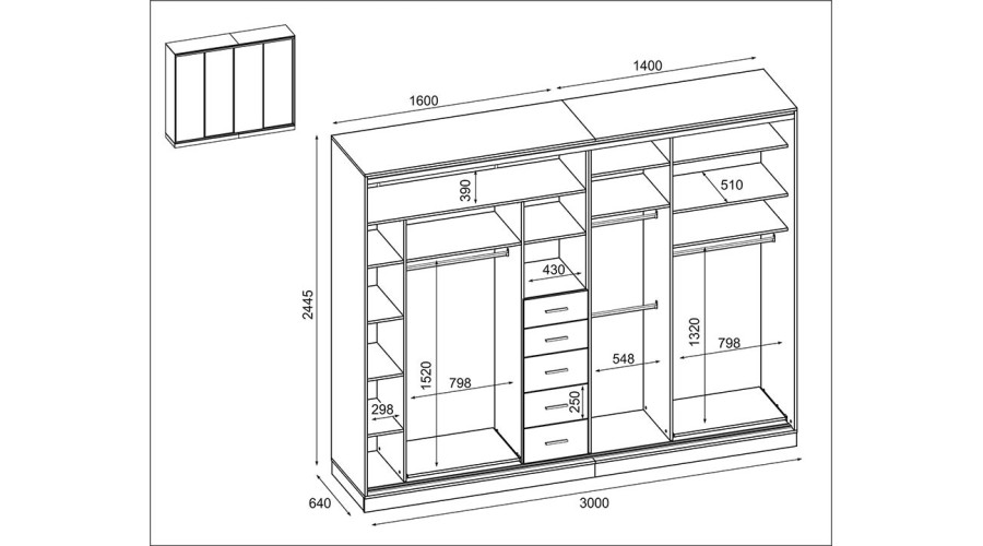 Skapis 4D/300 - drēbju pakaramie, izvelkami plaukti, vieta gludināmajam dēlim, atvilktnes — изображение 4