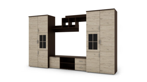 Sekcija JOWISZ ar skapīšiem un TV zonu 330 × 200 cm, tumšs Sonoma Ciemna / Bordo ozols