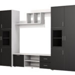 Sekcija JOWISZ ar skapīšiem un TV zonu 330 × 200 cm, gaiši pelēks/melns