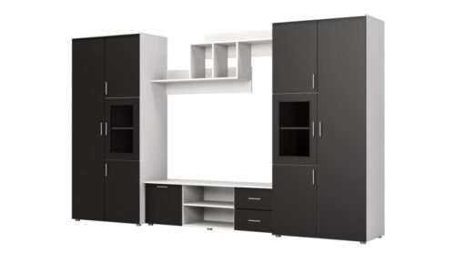 Sekcija JOWISZ ar skapīšiem un TV zonu 330 × 200 cm, gaiši pelēks/melns