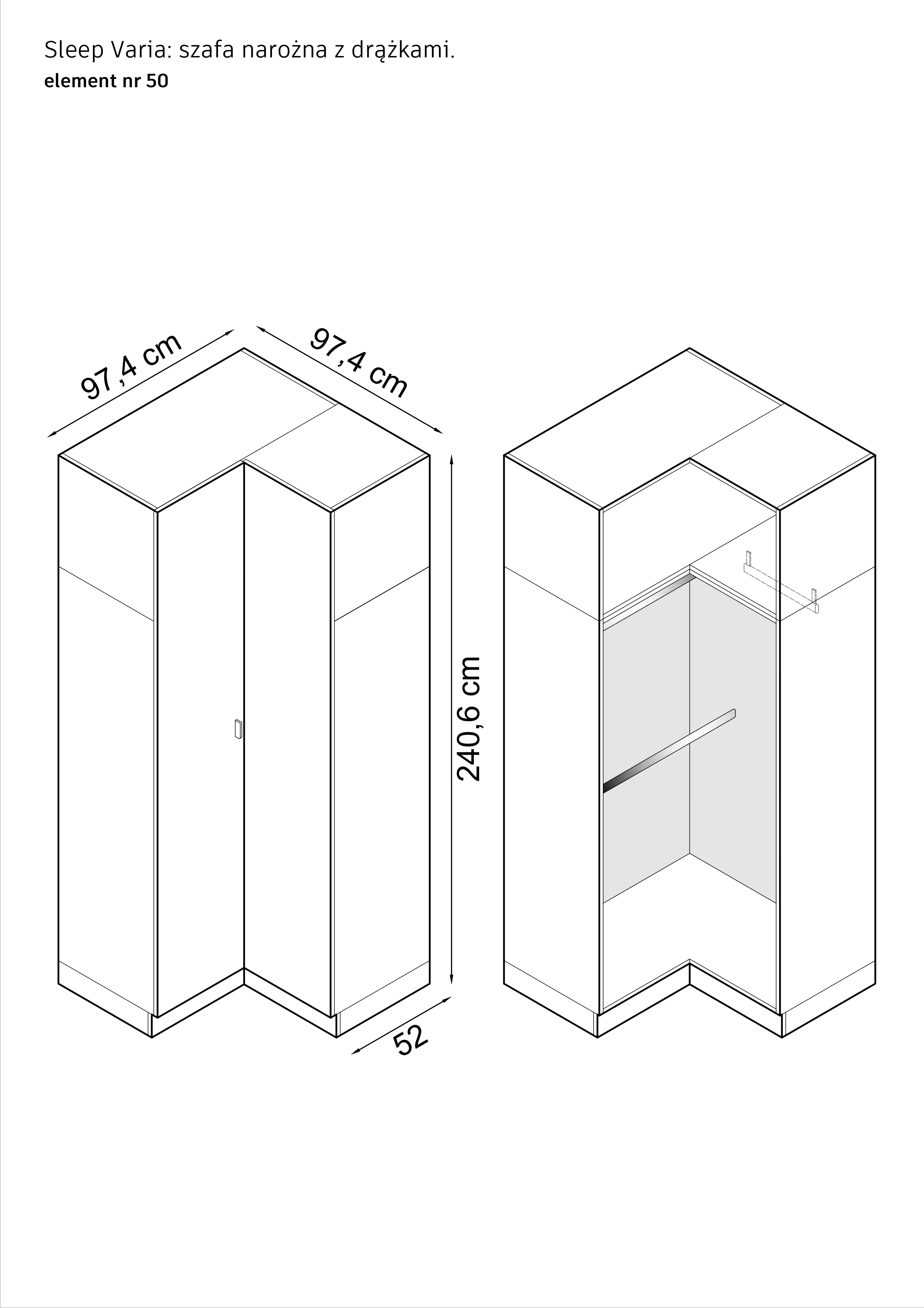 Stūra skapis SLEEP VARIA 97,4 x 97,4 cm Ar plauktu un pakaramajiem - Eļļots Ozols / Grafīts — 6 attēls